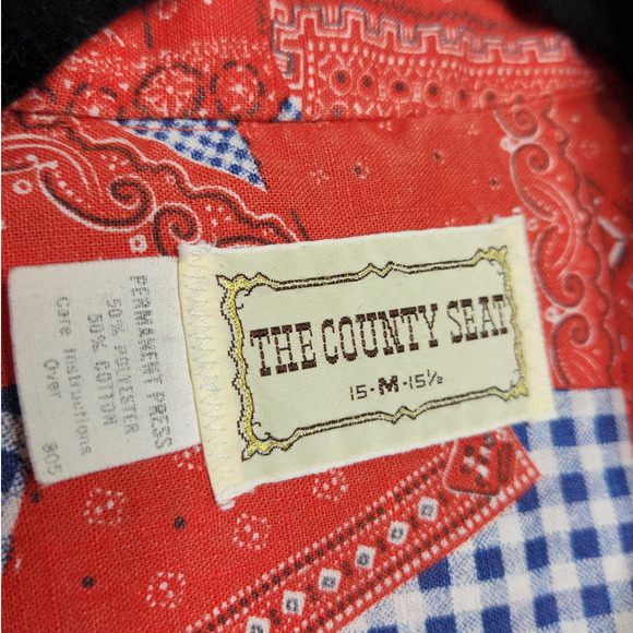 Vintage 70s Bandanas All Over Button Shirt County Seat Red Groovy Hippie - Picture 3 of 11